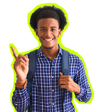 Photo of a black young male student with a neon background, pointing his finger up