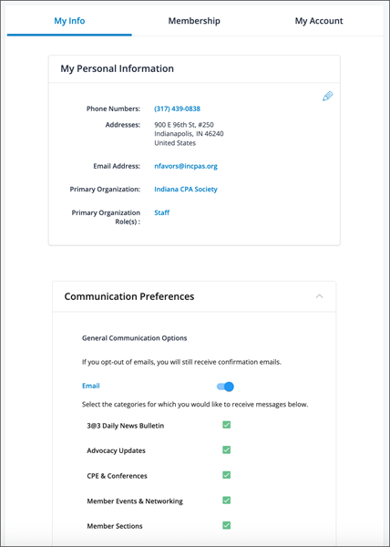 CommPref Screenshot of Communication preferences in portal