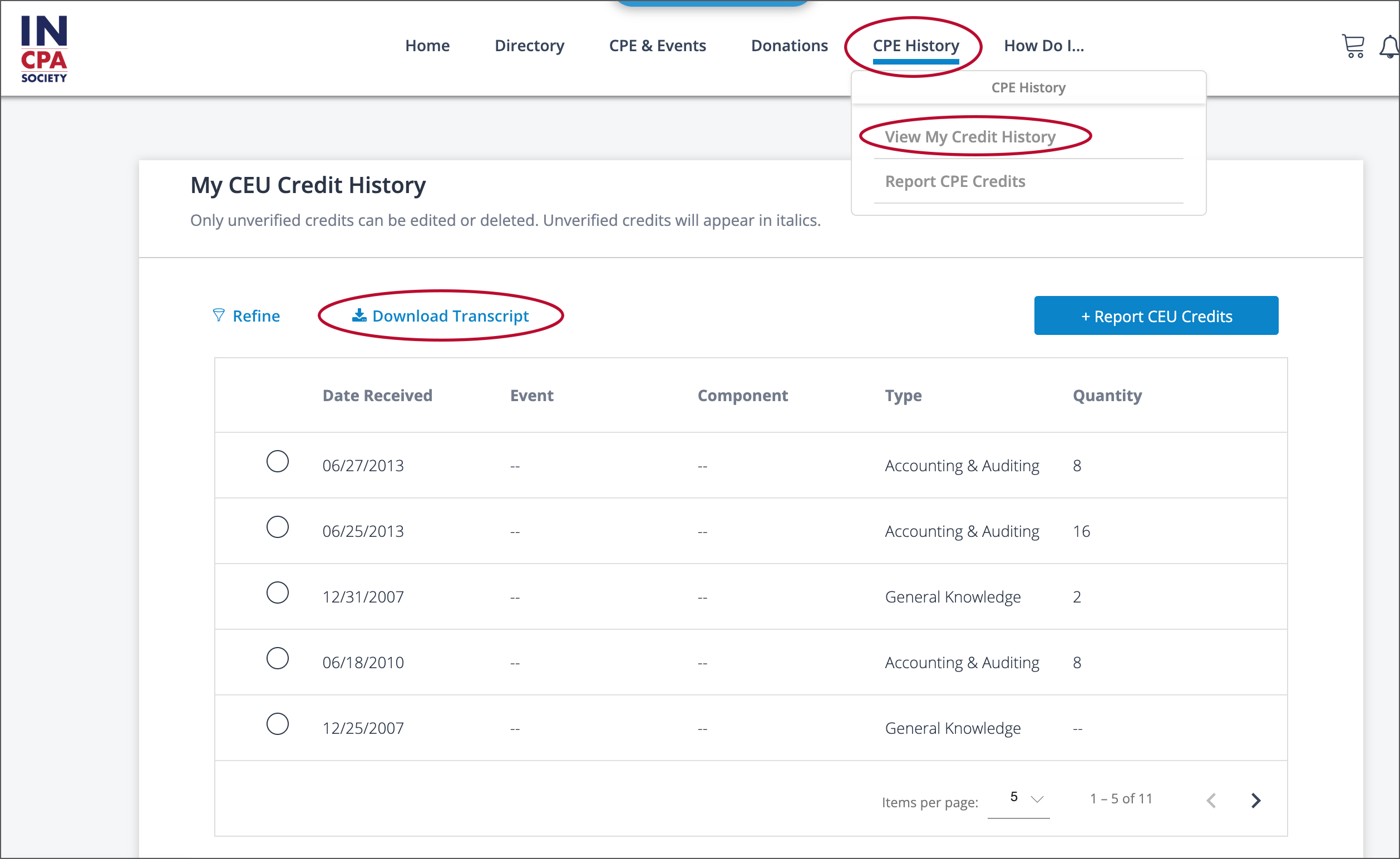 Screenshot of CPE History in portal