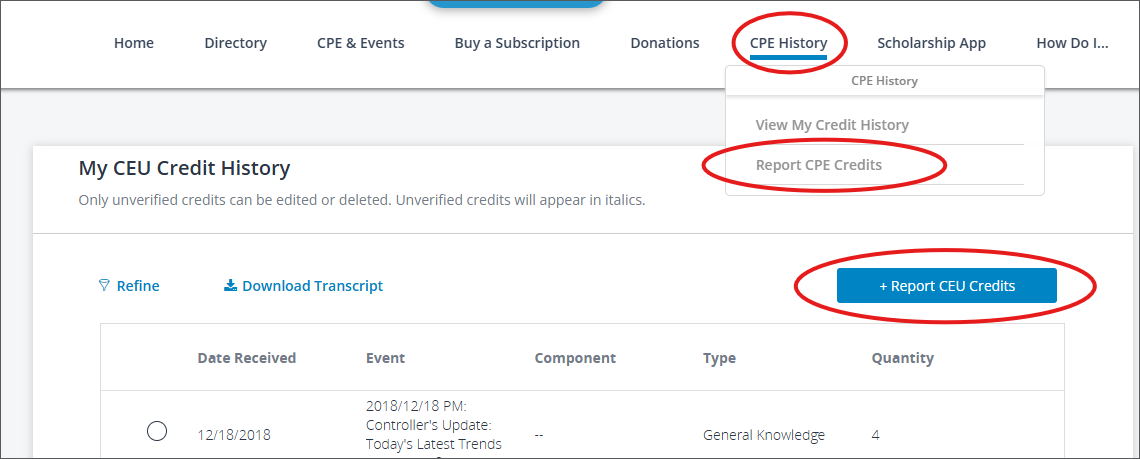Screenshot of CPE credits in portal