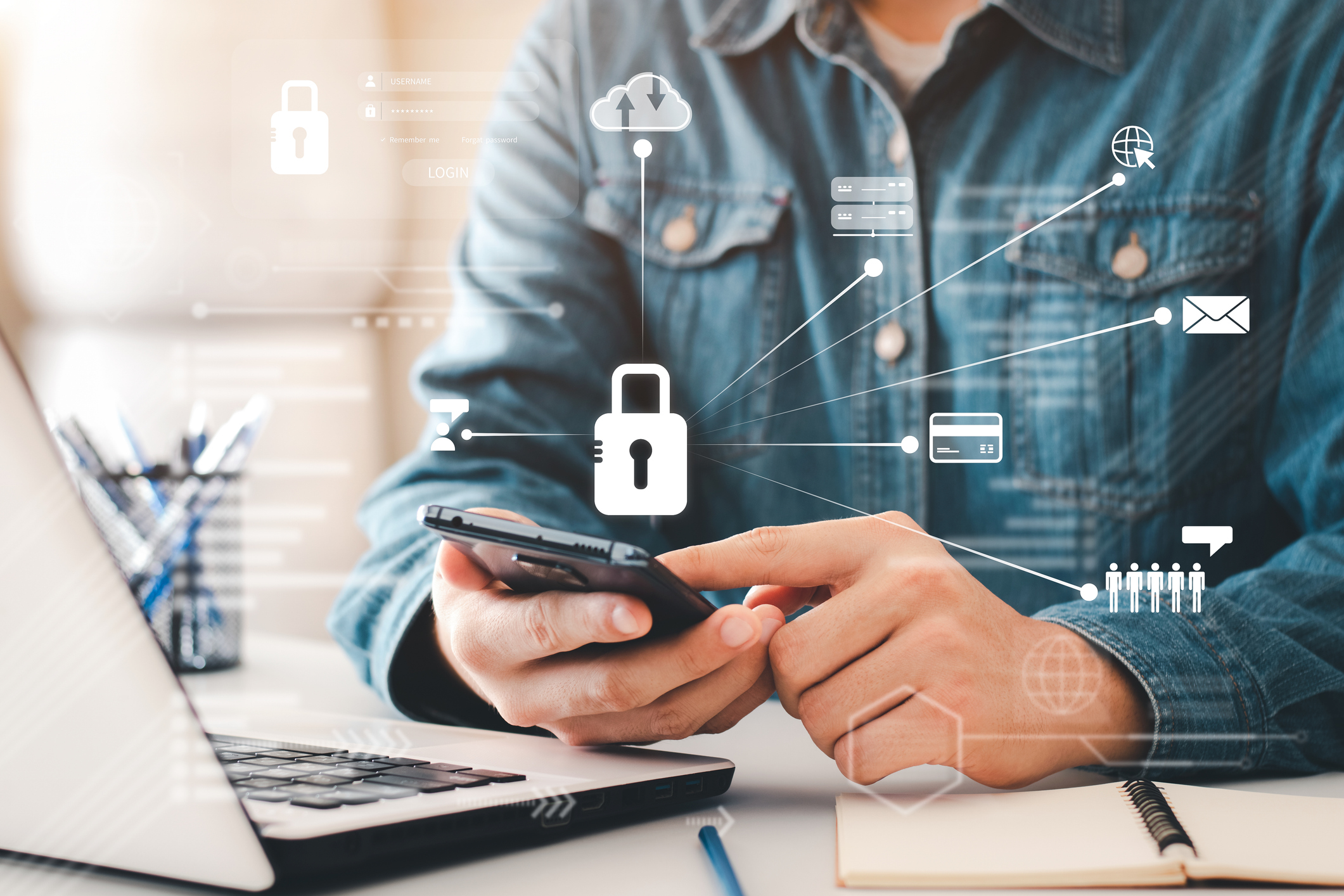 Photo concept Internet security and cyber network. Businessman's hand works with a key icon virtual screen a cell phone on a computer, laptop, and a digital tablet.