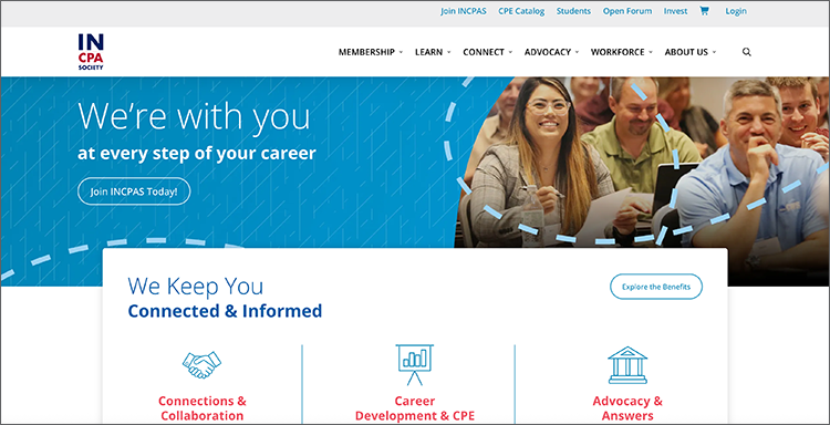 Screenshot of new incpas.org website