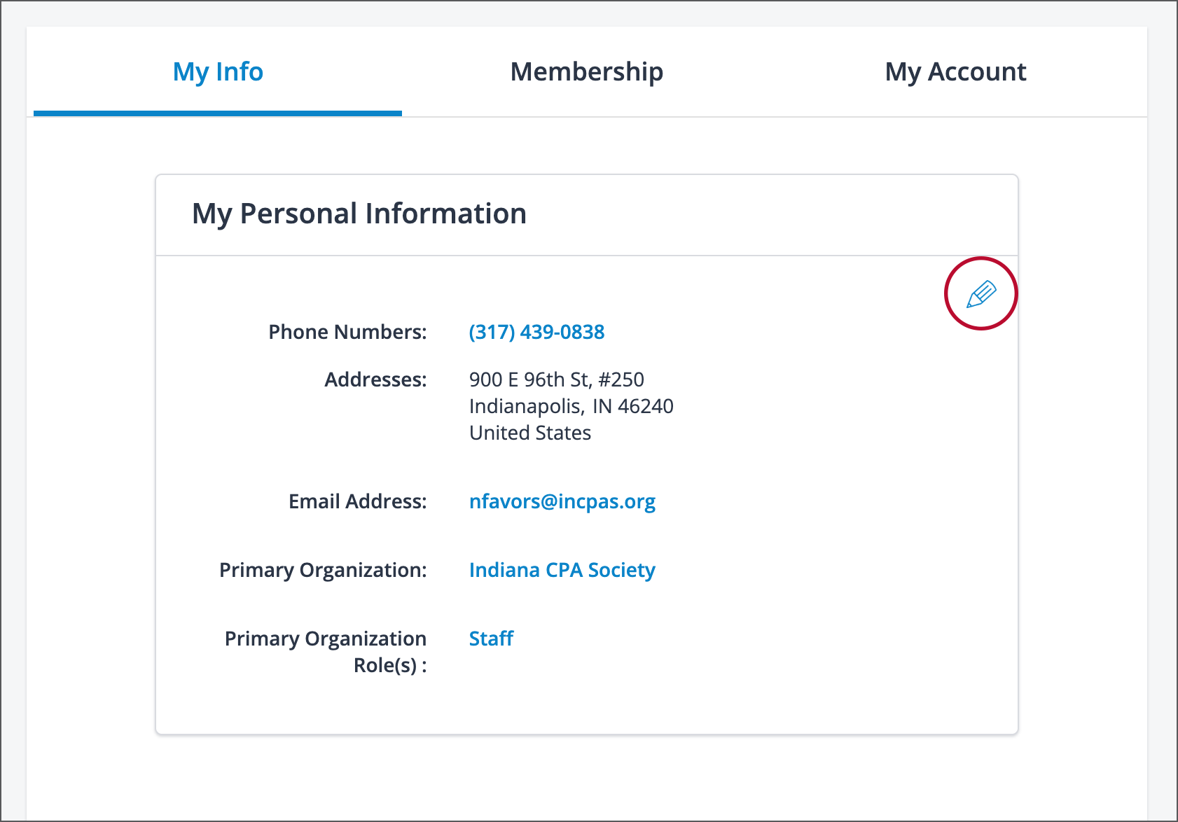 My info screenshot in portal