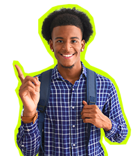 student_pointing Photo of a black young male student with a neon background, pointing his finger up