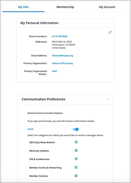 Screenshot of communication preferences in portal